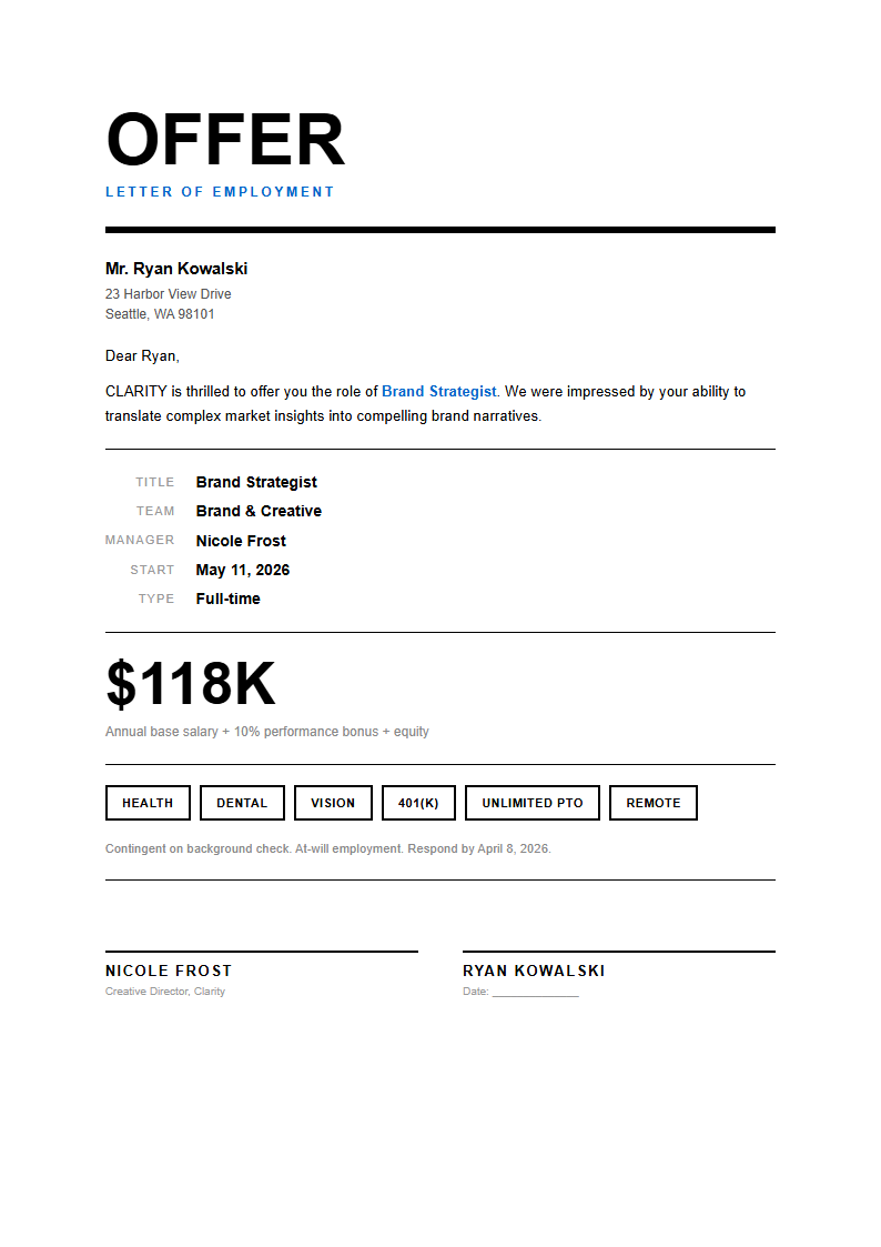 Typographic clean job offer letter